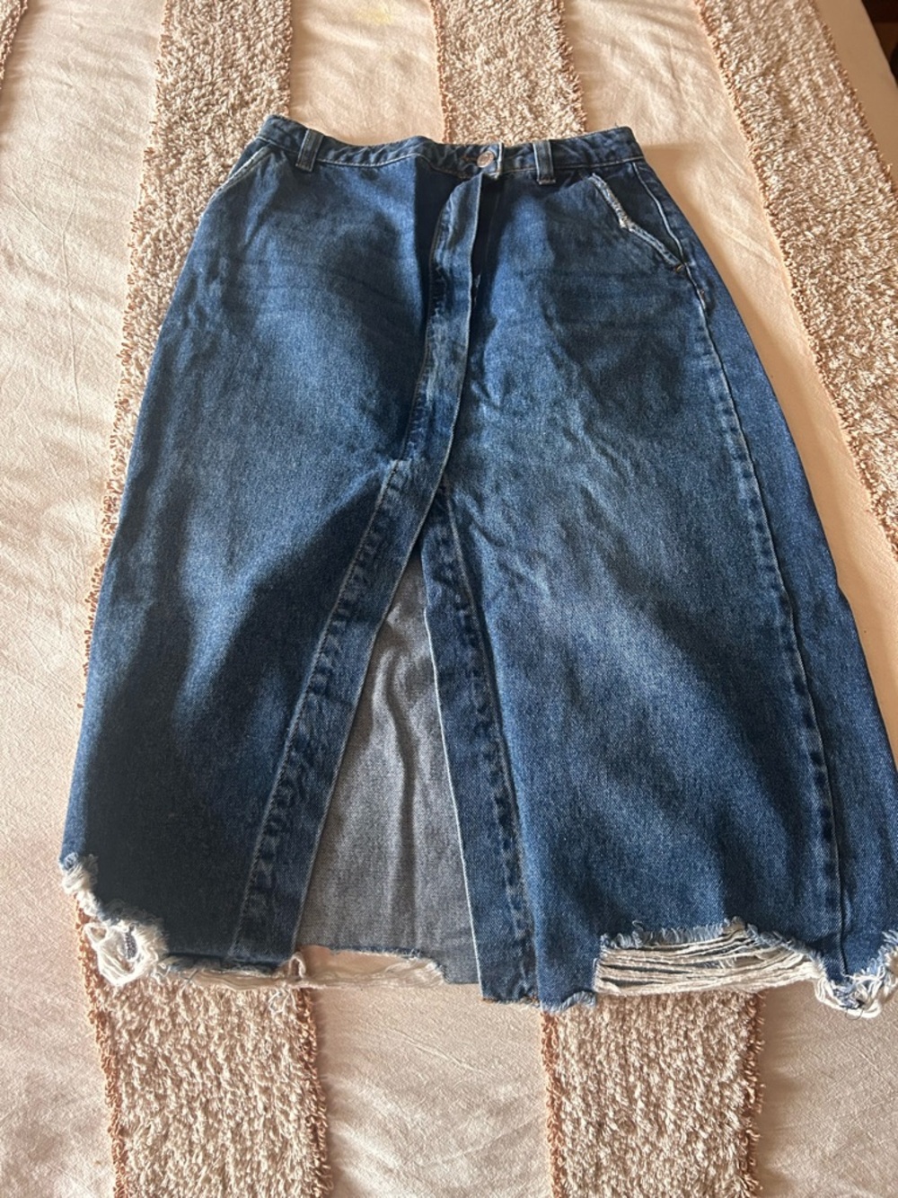 Zara Blue Distressed Front-Slit Denim Midi Skirt - Picture 2 of 2